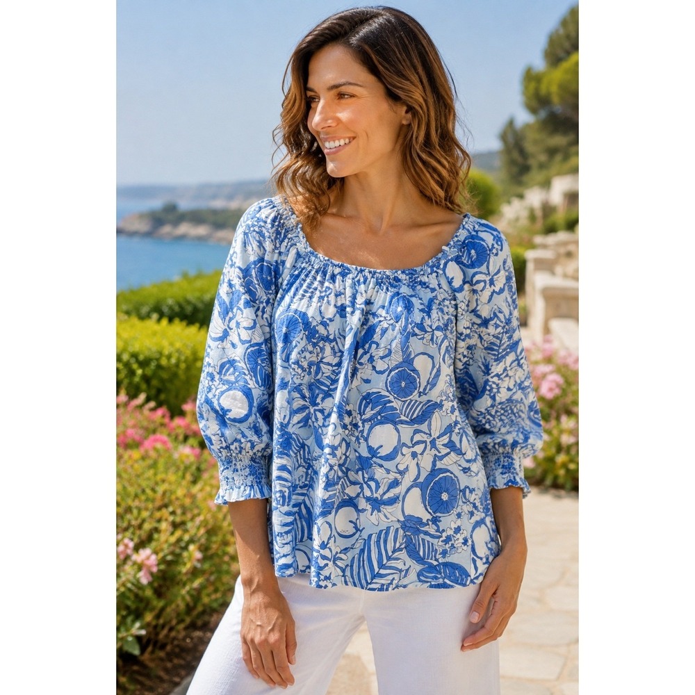 Vineyard Vines Womens Blue White Tropical Floral Smocked Cuff Cotton Blouse L